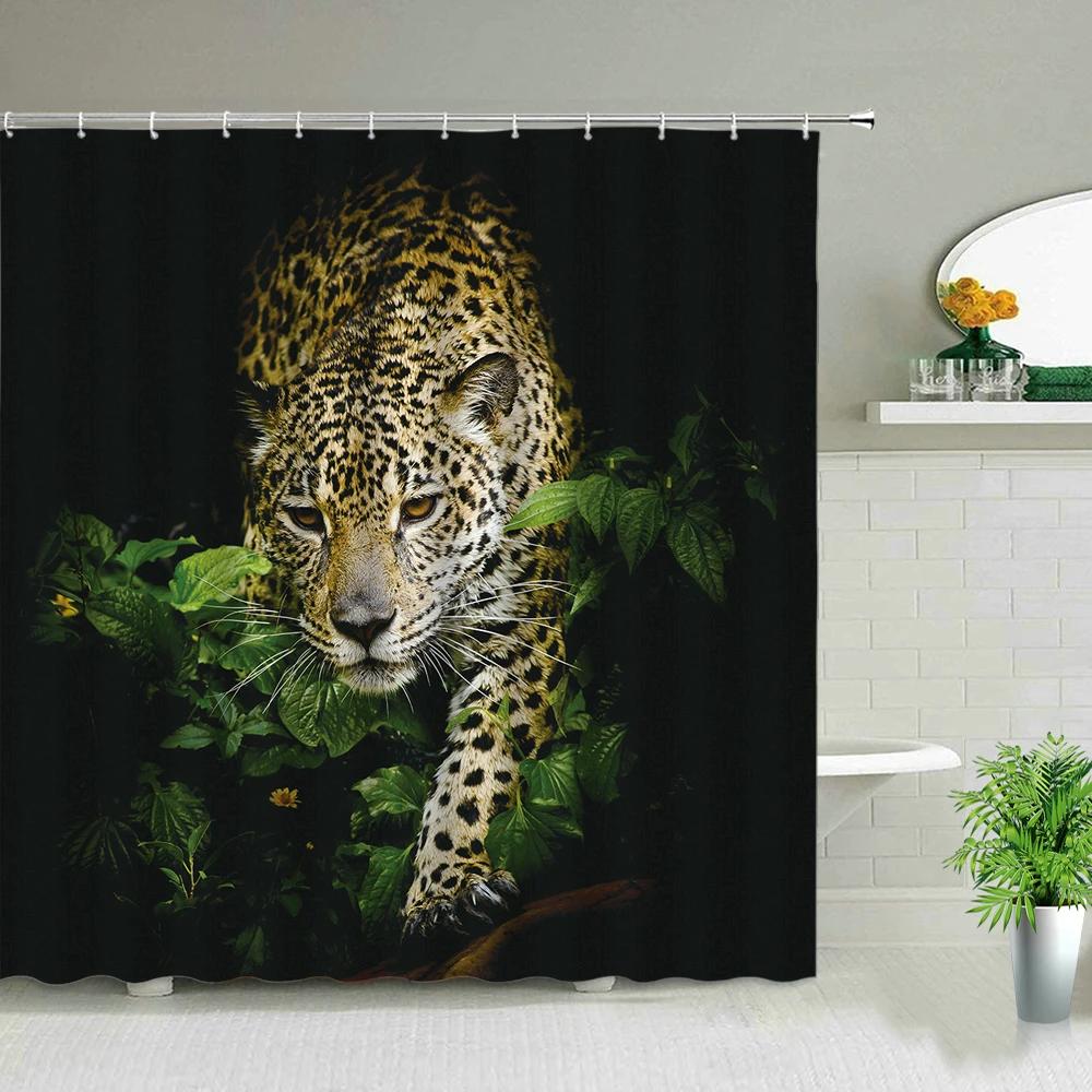 Farm Animal Horse Shower Curtain Wildlife Elephant Leopard Lion Tiger Pattern Shower Curtain Set Highland Cows Bathroom Curtains