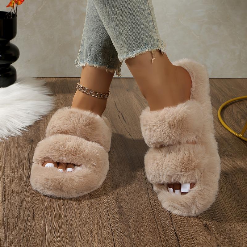 Cozy Plush Faux Fur Slippers with Single Strap and Thick Sole for Indoor Warmth