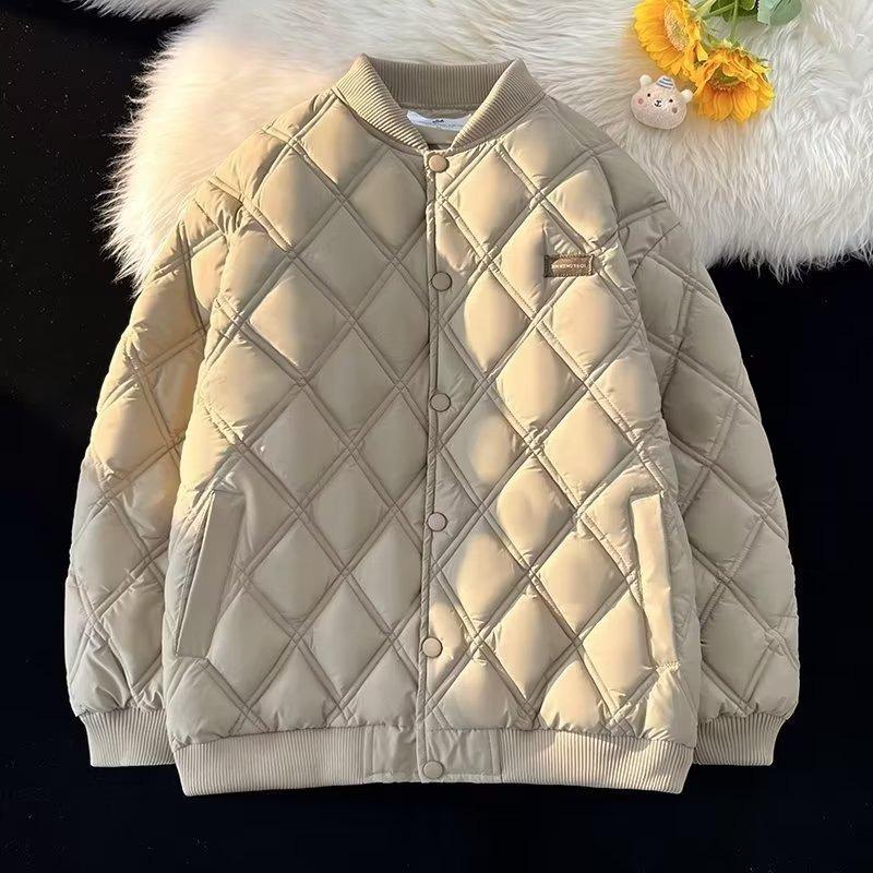 Winter Diamond Pattern Cotton Baseball Jacket: American Retro, Japanese Trend, Loose Fit, Thickened Cold Protection for Couples