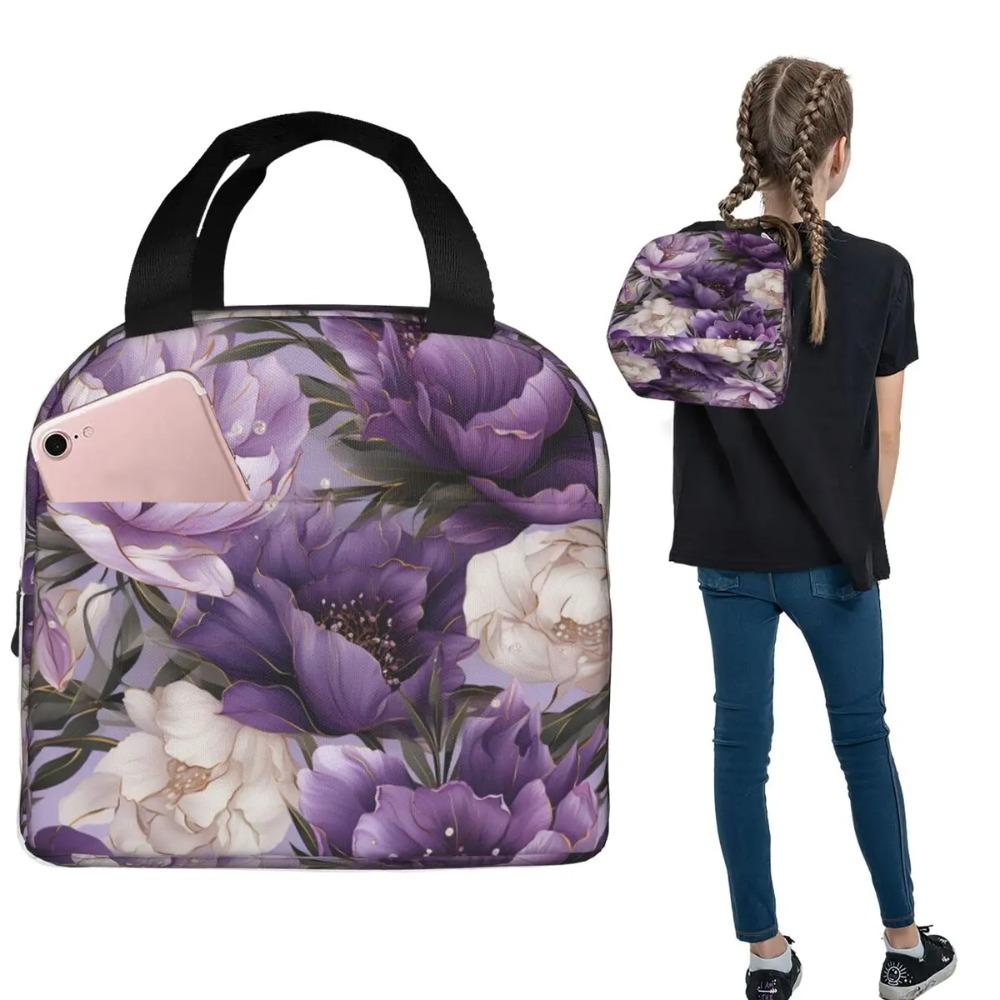 Light Purple Floral Pattern Insulated Lunch Bag for Women Children Portable Food Boxes Thermal Lunch Box Tote