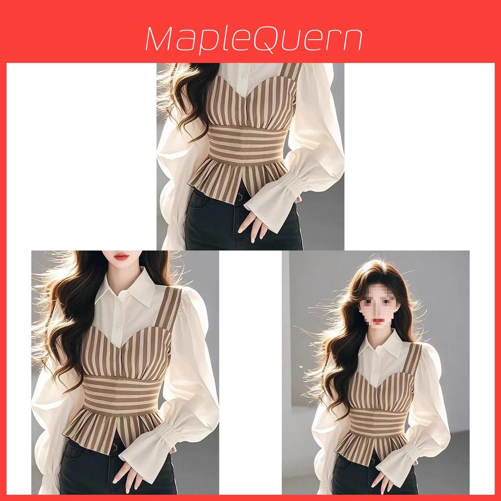 Soft Satin Striped Puffed Sleeveless Shirt For Spring Chic Womens Fashion