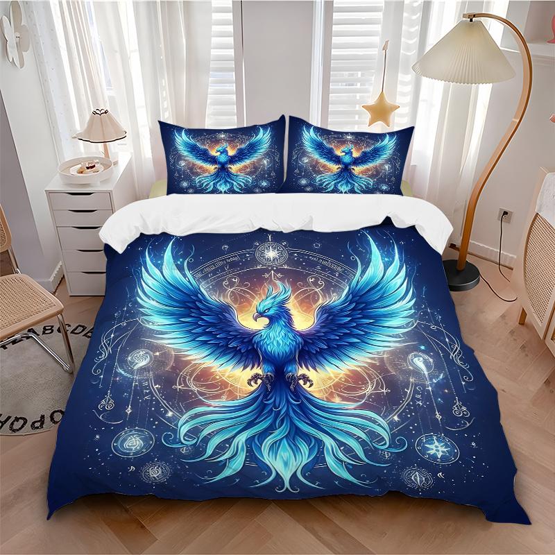 3pcs Blue Phoenix Rising Bedding Set - Includes Quilt Cover and Pillowcases, Suitable for All Seasons, Machine Washable - Ideal Gift for Fam