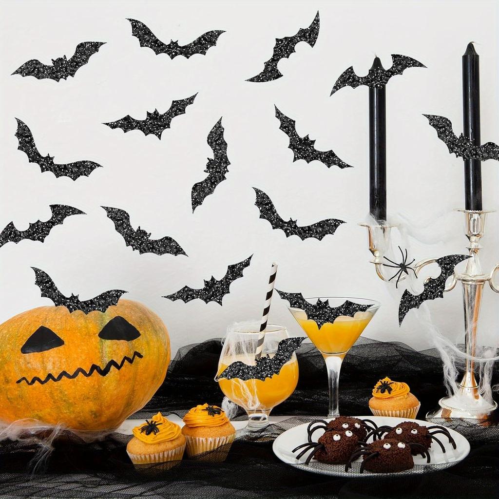 1 Rolle/500 Stück Halloween Glitzernde Fledermäuse Aufkleber Rolle - Lasergeschnittene Schwarze Fledermäuse mit Glitzerakzenten, Wasserdicht Selbstklebend