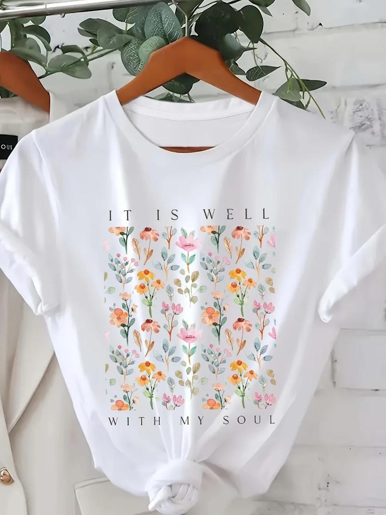 Simple Printed T-shirt, Various Printed Women's Tops, Summer Casual Comfortable T-shirt, Women's Tops