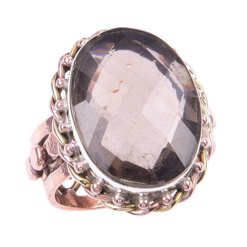 Natural Smoky Quartz Gemstone 925 Sterling Silver Jewelry Two Tone Ring S.7 f9S51