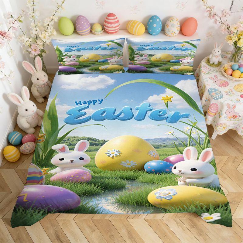 Bedding, Pillowcase, Quilt Cover 3-Piece Set, Little White Rabbit, Easter Egg Pattern, Easter Home Decoration
