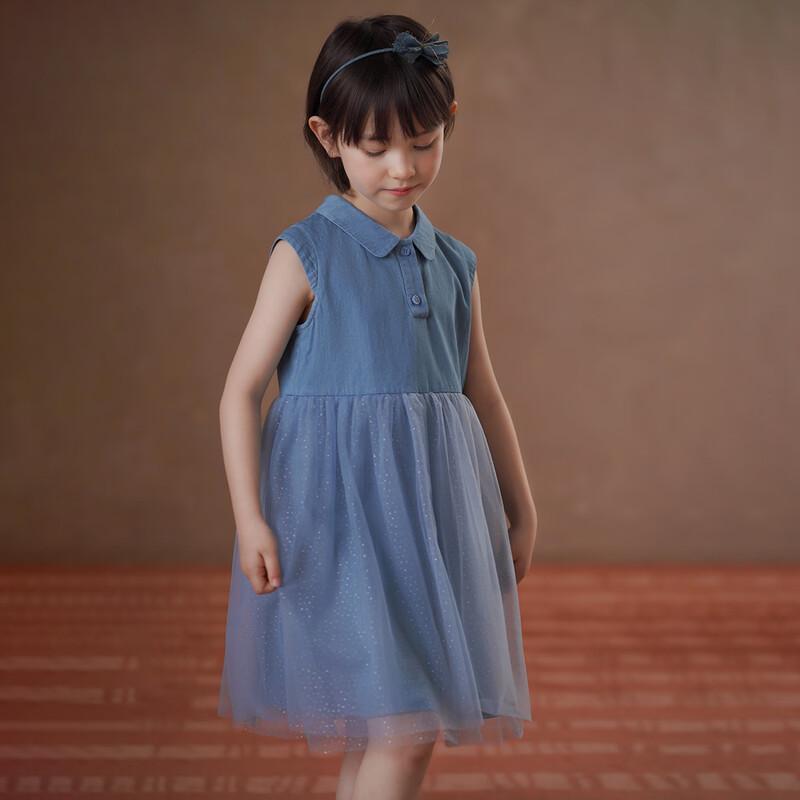 Hacikis Girls' Summer Denim Spliced Midi Dress