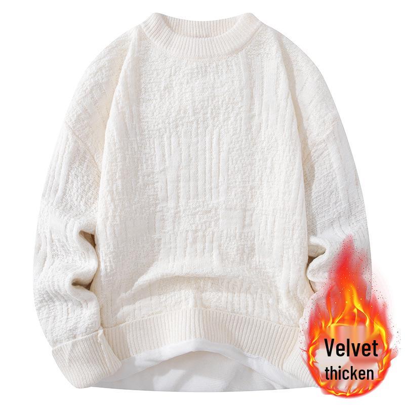 Men's Plush Velvet Round Neck Sweater: Versatile, Casual Autumn/Winter Knitwear, Simple Solid Color, Trendy Inner Wear.