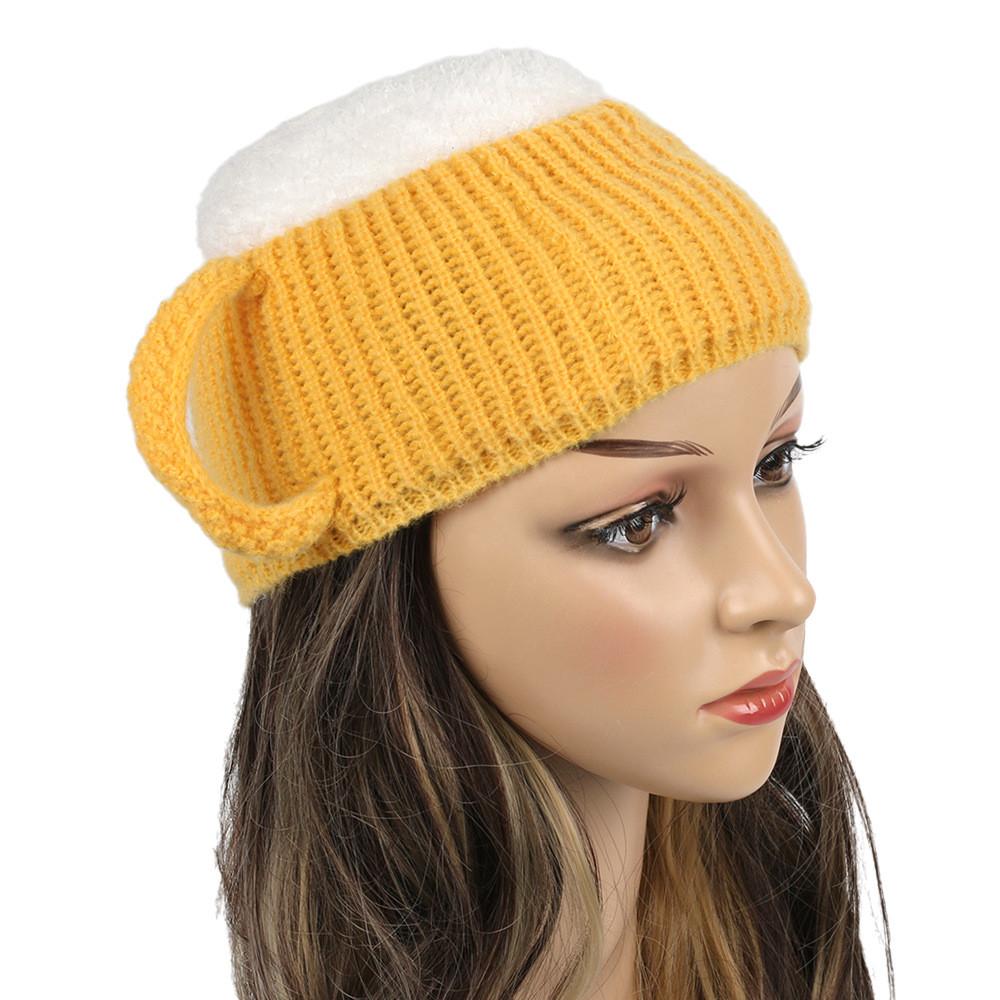 Trendy 3d Beer Cup Knitted Beanie Hat For Winter Warmth In Yellow Wine Red And Khaki