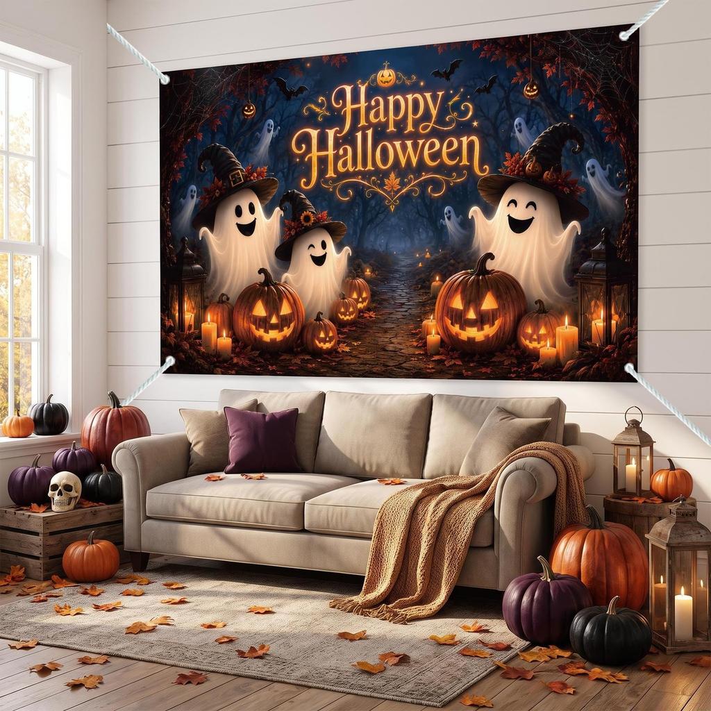 333. Halloween Happy Birthday Backdrop Banner Cute Ghost Theme Party Decoration