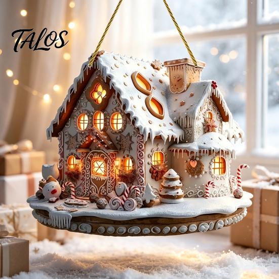 Indoor Outdoor Christmas Tree Ornaments Santa Claus Carousel/Snow Cottage Hanging Ornament, Double-Sided Holiday Party Decorations Acrylic Pendant for
