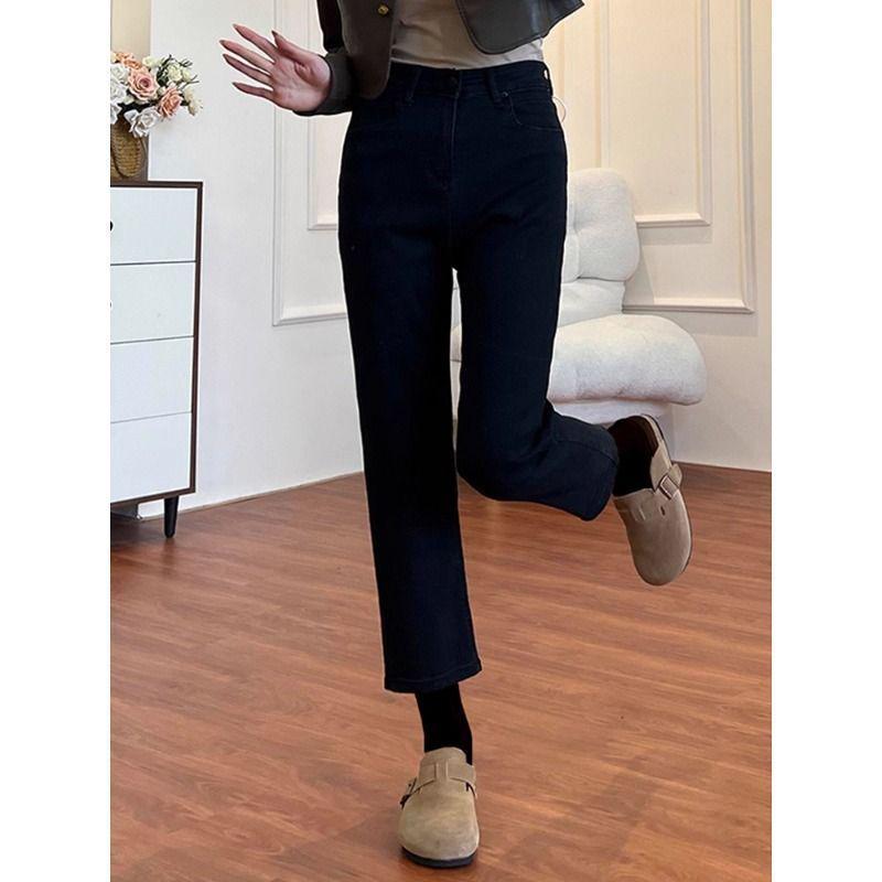 Women's Petite Black High Waist Straight Leg Jeans - Spring 2026 Style, Hip-Covering, Plus Size, Fleece-Lined, Slimming Fit