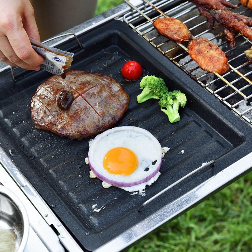 Striped Groove Grilling Tray with Handle Grilled Fish Platter Outdoor BBQ Grill Pan Camping