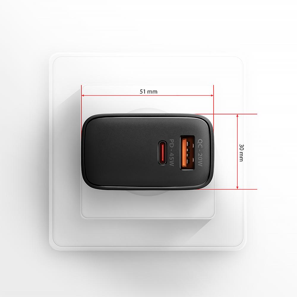 AXAGON GaN Wallcharger 2x Port (USB-A + USB-C), PD3.0/PPS/QC4+/SFC2.0/AFC/SCP/FCP/Apple, 45W | ACU-PQ45