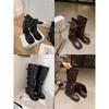 Height increase of 6cm~ fashionable belt buckle square round head pleated medium tube knight boots women's long boots