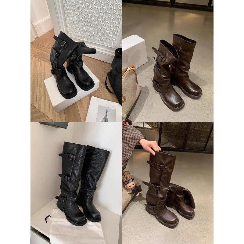 Height increase of 6cm~ fashionable belt buckle square round head pleated medium tube knight boots women's long boots