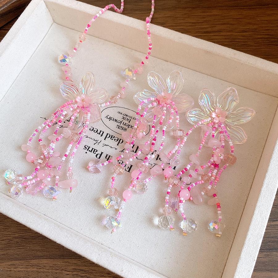 Pink Firefly Flower Stream Beaded Necklace: Sweet and Elegant Collarbone Chain for Women