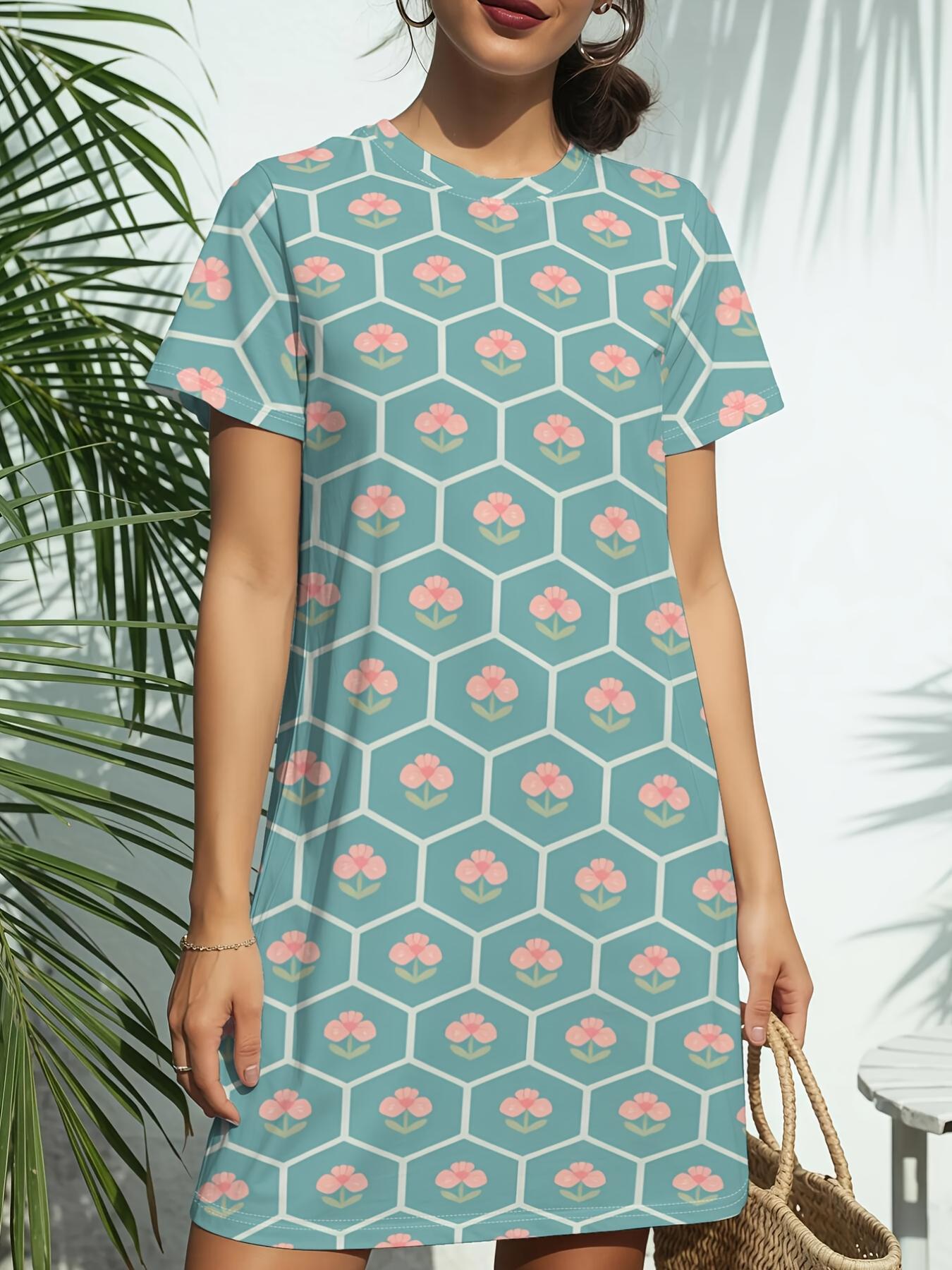 

Women s Short-Sleeve T-Shirt Dress with Hexagon Geometric Print - Round Neck Casual Dress Suitable for Daily Wear. Birthday Outfits. Spring Summer Out 6XL дубильная кора