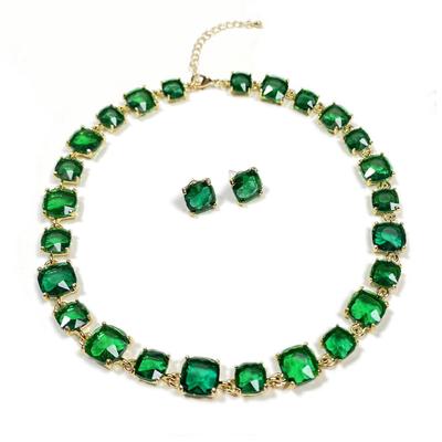 Square Emerald Zircon Necklace Earrings Set Elegant Temperament Necklace Jewelry