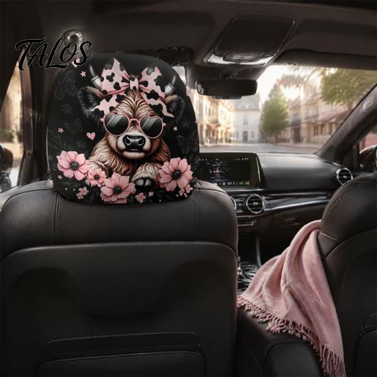 Decorative Auto Headrest Sleeves 2Pcs Cute Calf Car Covers with Pink Flowers, Breathable Animal Pattern Accessories Seat Protectors, Stretchy