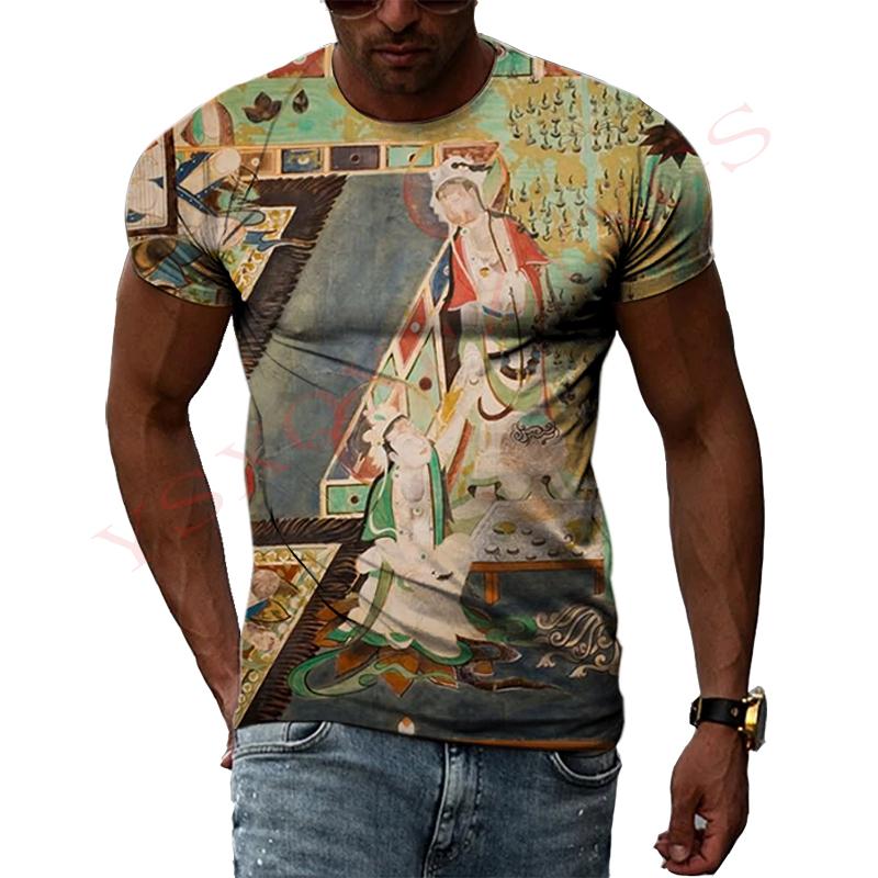 China Dunhuang Mural Graphic Shirt 3D Harajuku Print New Summer Retro Art Casual Short Sleeve Top For Men And Women Personality