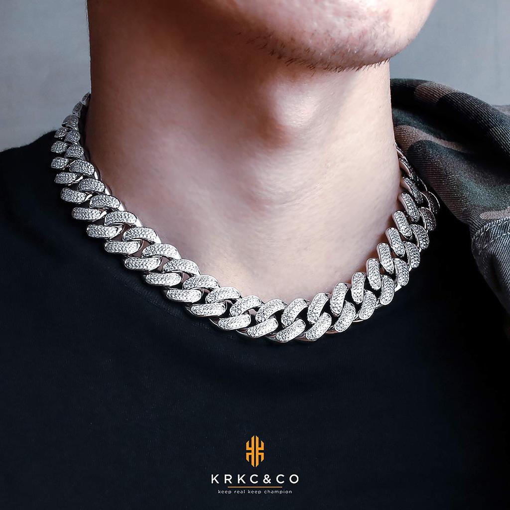 Curb Chain Necklace with Zirconia and Miami Cuban White Gold CZ Thick Hip 46cm KRKC&CO Chain, 18mm, Plated, Diamonds, Men's Necklace, Choker, Hop,