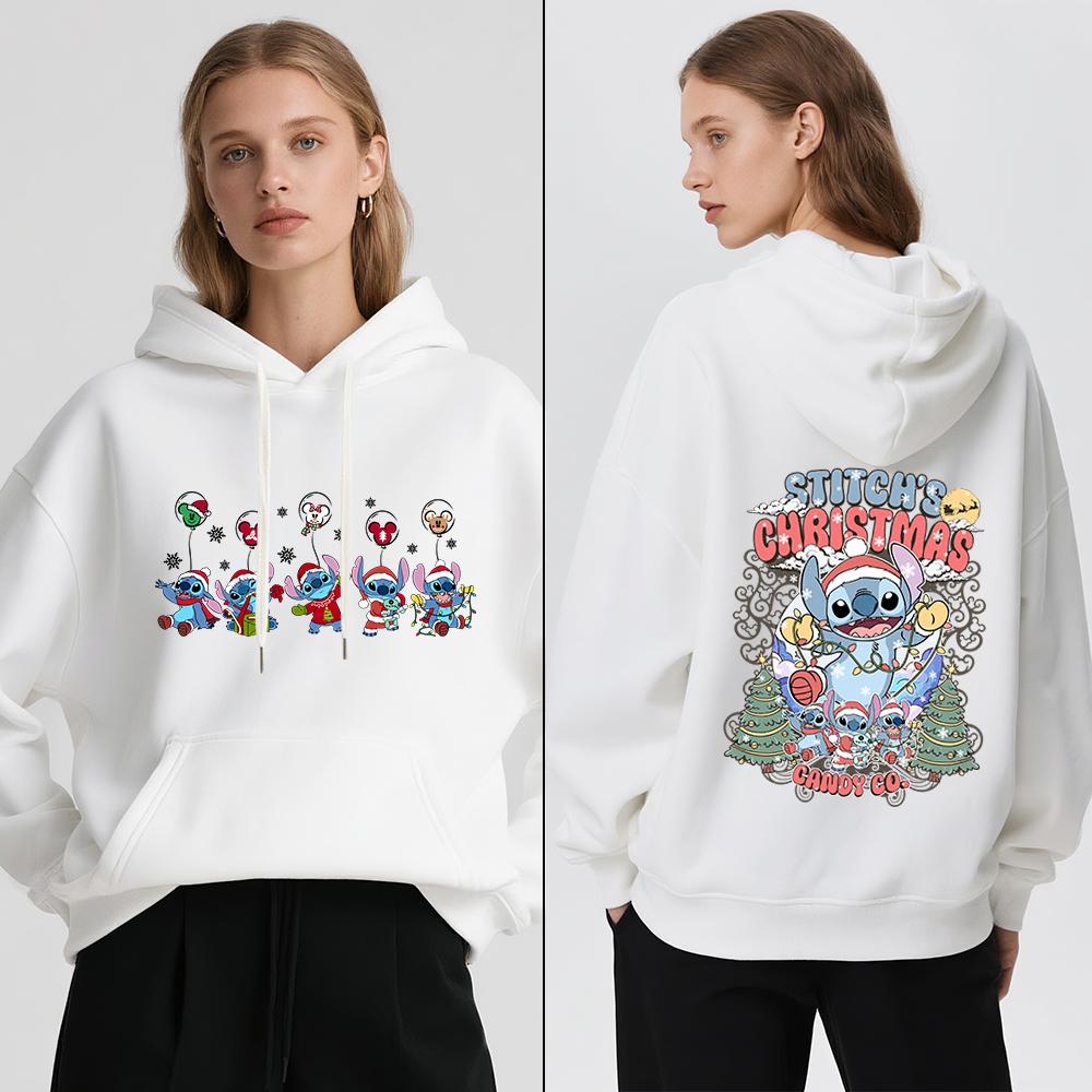 Disney Stitch Christmas Print Women Fleece Hoodie Winter Warm Pullover Casual Holiday Travel Party Outfit Soft Cozy Sweatshirt