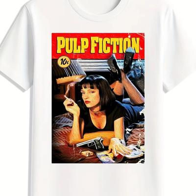 2026 Summer Fashion Unisex Pulp Fiction Graphic T-Shirt - Black Casual Crew Neck Tee with Iconic Movie Design Hip Hop Streetwear
