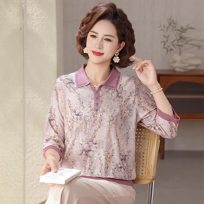 Stylish Ice Silk Printed Blouse for Moms - 2026 Summer Seven-Sleeve Lapel Top for Middle-Aged & Elderly Women XL (recommended 100-110 jin) фиолетовый