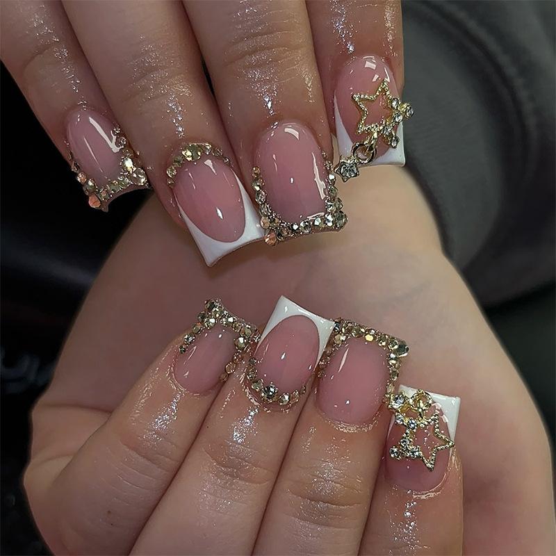 24Pcs Sweet Medium Square False Nails with Glue Blush Pink Flowers Fake Nails Full Cover French Acrylic Press On Nails for Girls