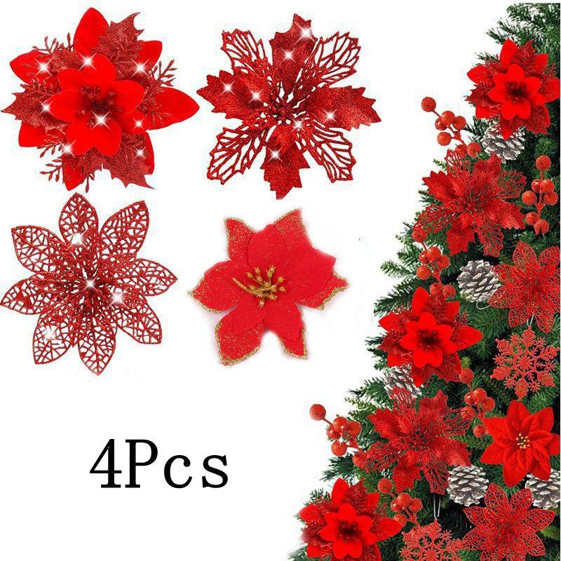 1 Set 11/13/14cm Rosa Künstliche Glitzer Weihnachtsblumen Weihnachtsbaum Kranz Hängende Ornamente Heimparty Neujahrsdeko Navidad