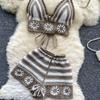 Summer Beach Vacation Knit 2pcs Suits Women Halter Sleeveless Lace Up Camis Elastic Waist Shorts Hook Flower Hollow 2pcs Set