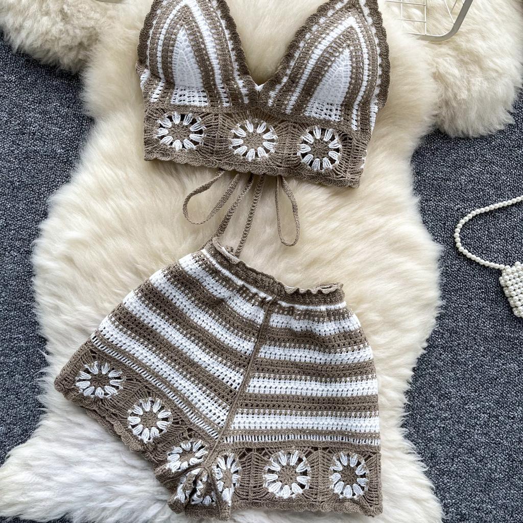 Summer Beach Vacation Knit 2pcs Suits Women Halter Sleeveless Lace Up Camis Elastic Waist Shorts Hook Flower Hollow 2pcs Set