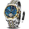 Men's Automatic Wristwatch Skeleton Dial Blue 6678 Waterproof Luminous Hands Business Fashionable Date Calendar Father's Day Gift