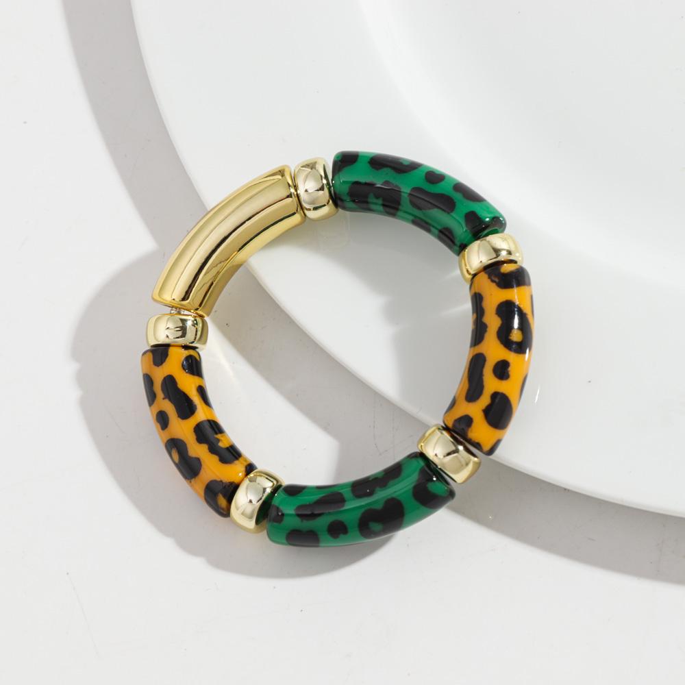 Leopard Colorful Bamboo Curved Tube Bracelets for Women Men Punk Resin Thick Beaded Elastic Stackable Bangles Retro Jewelry Gift