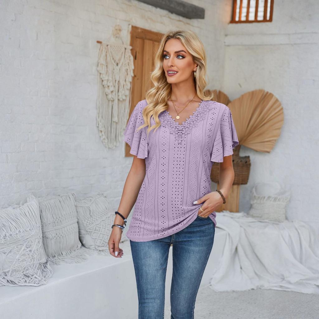 Women's Fashionable Casual Lace V-Neck Ruffle Sleeve Loose T-Shirt