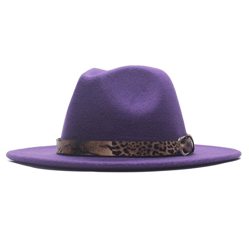 Four seasons flat woolen top hat, metal leopard print belt, big-brimmed felt hat, plain weave top hat