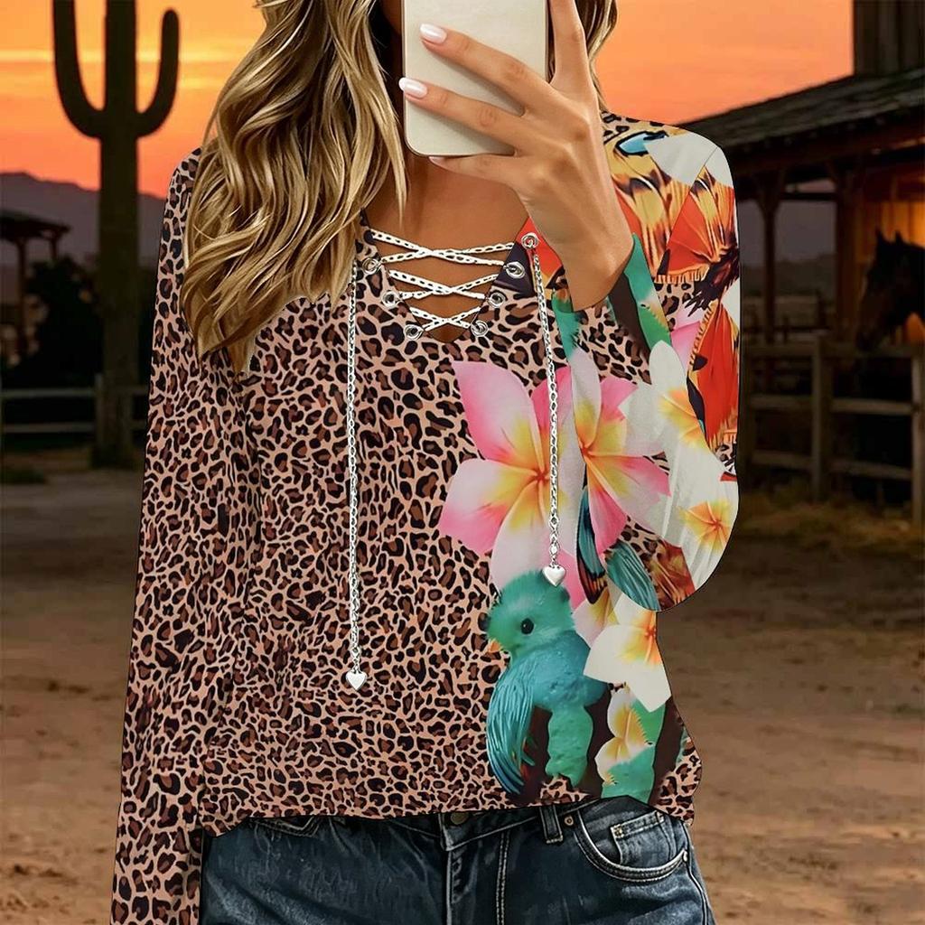 Women Plus Size Floral Print Lace Up V Neck Long Sleeve Daily Casual Top