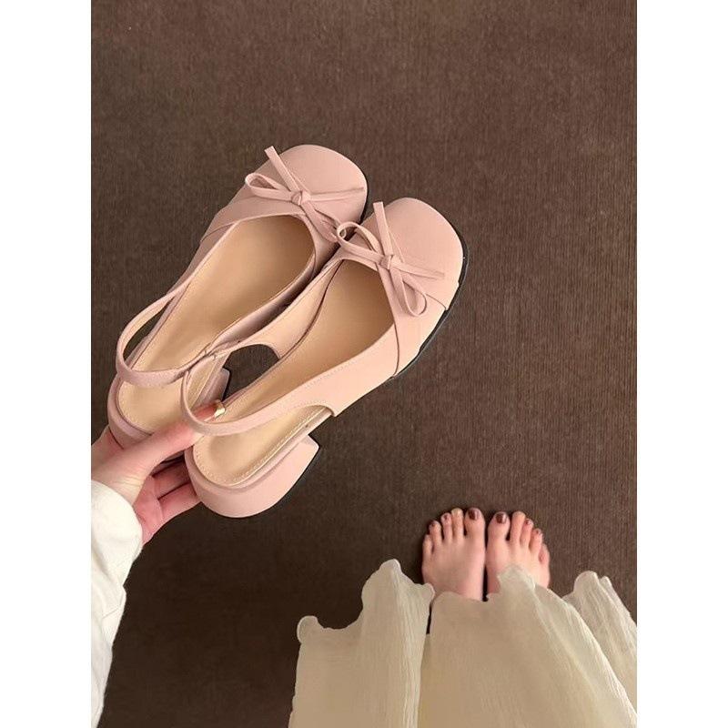 Bow thick-soled thick-heeled Mary Jane shoes women's new bag head rear empty sandals light-mouth single shoes