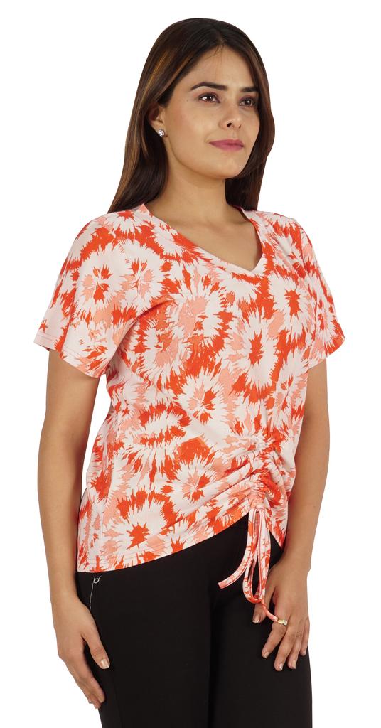 Moomaya Tie Dye Short Sleeve Ruching Tops For Women V-Neck Casual Jersey Tee