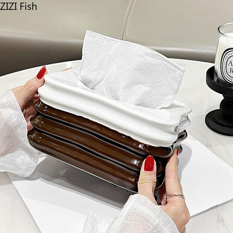 Creative Multi Layer Folding Tissue Box Coffee Table Desk Decoration Wrinkle Ceramic Tissue Box Bedside Table Paper Towel Case