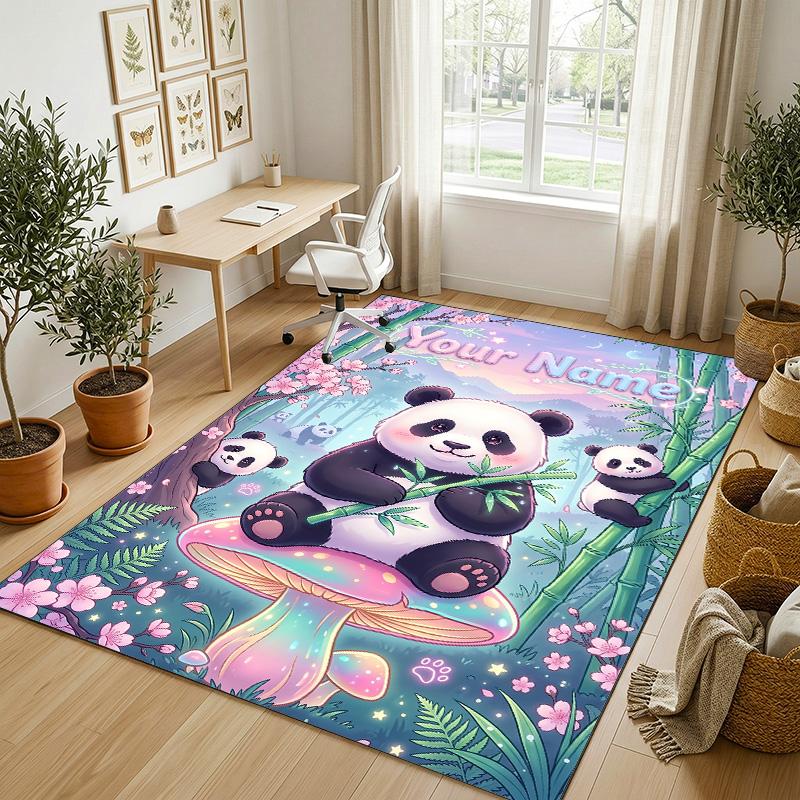 Panda Bamboo Forest Theme Soft Crystal Velvet Rug Custom Name & Text Print Non Slip Floor Rug for Bedroom Living Room