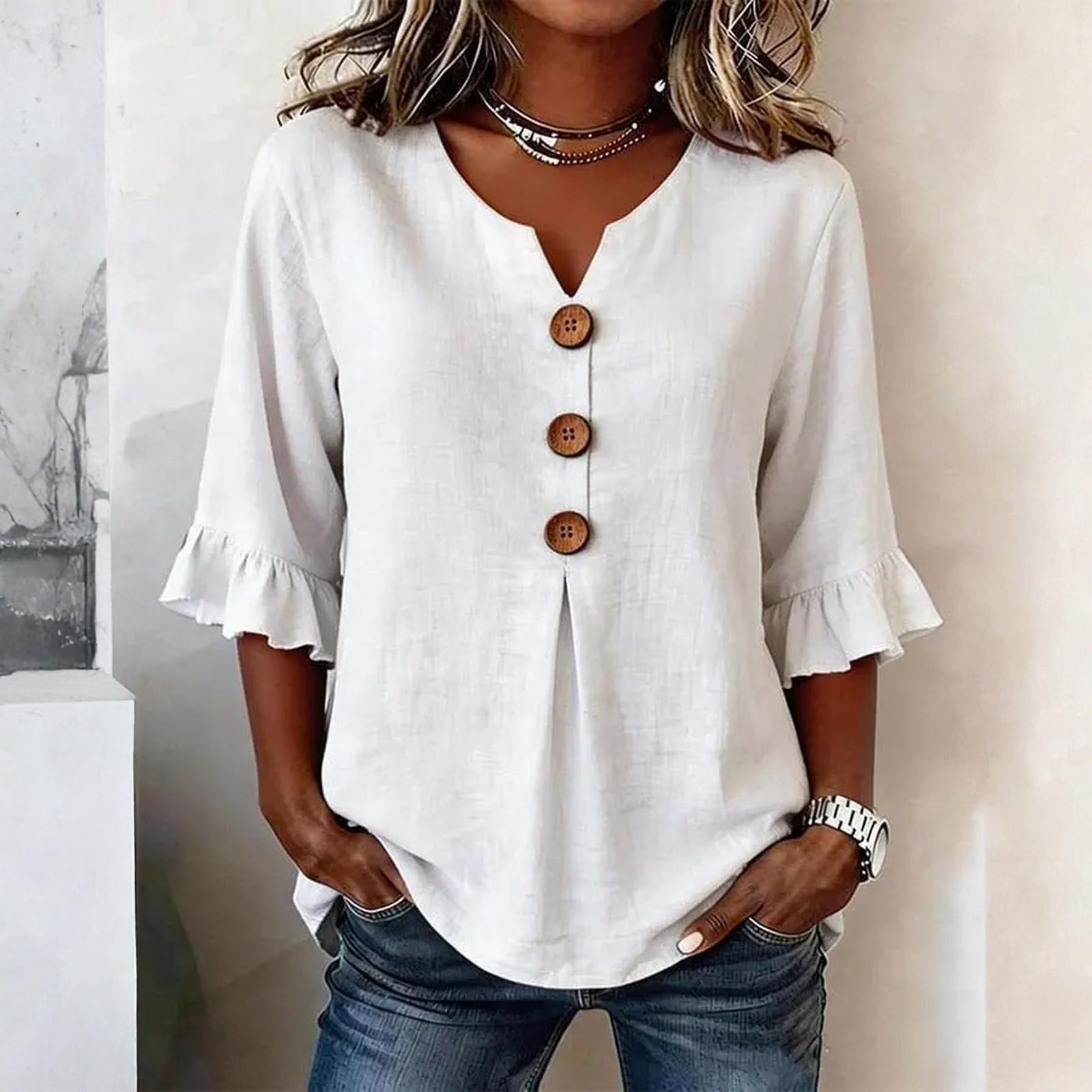 Women s Spring/Summer Casual Color V-Neck Cotton Linen Button-Up Top XXL белый