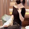 Women Off-Shoulder 3/4 Sleeve T-Shirt Slim Fit Solid Color Base Layer Top