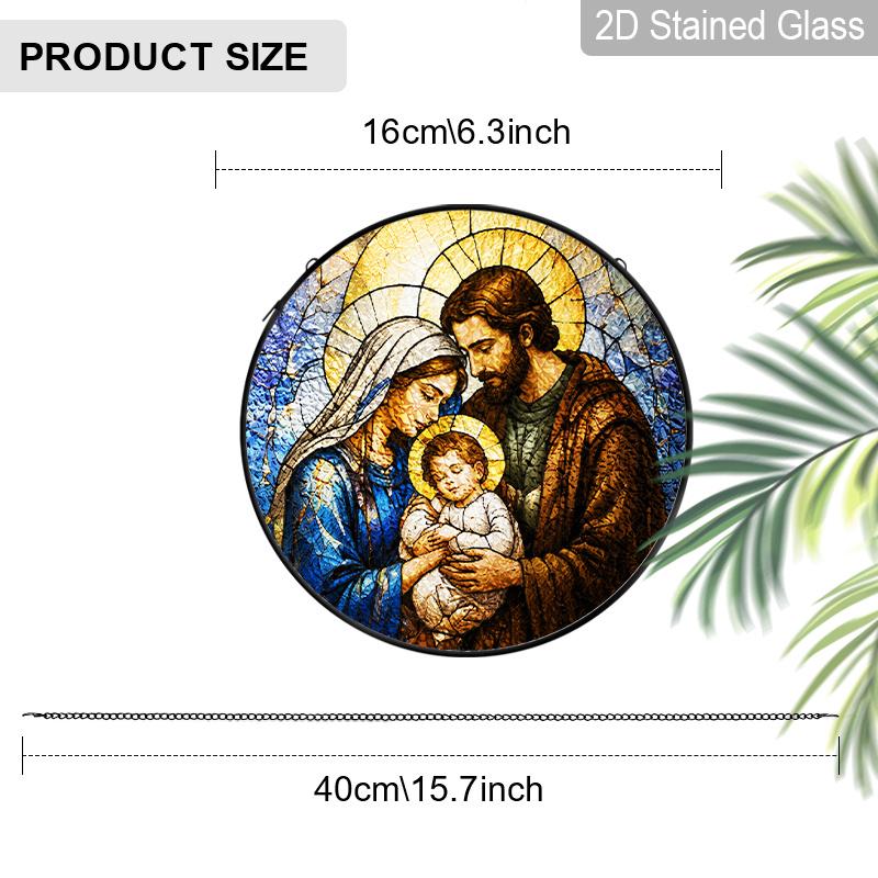 2D Flat Cross Stained Glass Suncatcher, 6.3/7.87 inch Nativity Scene Stained Glass Suncatcher Ornament, Christian Stained Glass Window Hanging 6.3inch