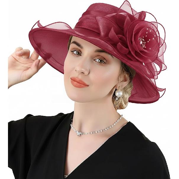 DRESHOW Damen Organza Hut Kirchenkappe Hüte Ausverkauf Kentucky Derby Cocktail Teeparty Hochzeit Blumenhut mit breiter Krempe
