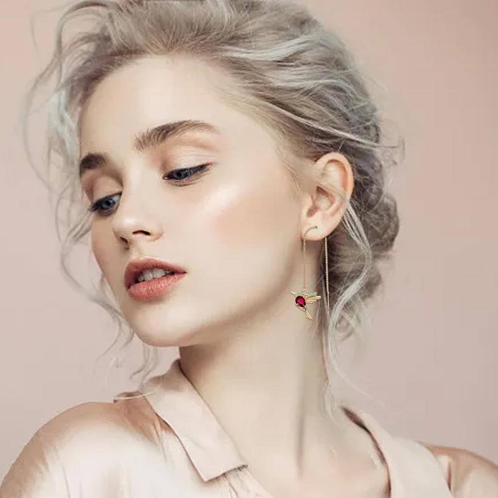 Women Hummingbird Pull Through Threader Earrings Hummingbird Wing Pendant Necklaces alloy Light Weight Long Chain Drop Earrings