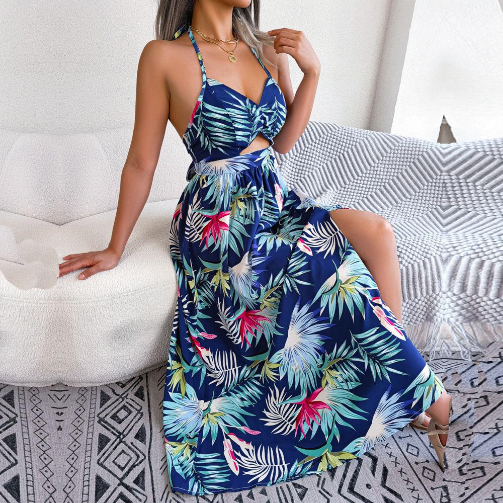 Frauen Frühling Sommer Blume Ärmelloses Aushöhlen Strap Lange Urlaub Strand Kleid