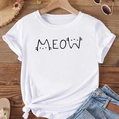 (Tamanho asiático) Camiseta feminina gato carta rosto adorável estilo tendência estampa camiseta top moda feminina roupas manga curta camisetas gráficas