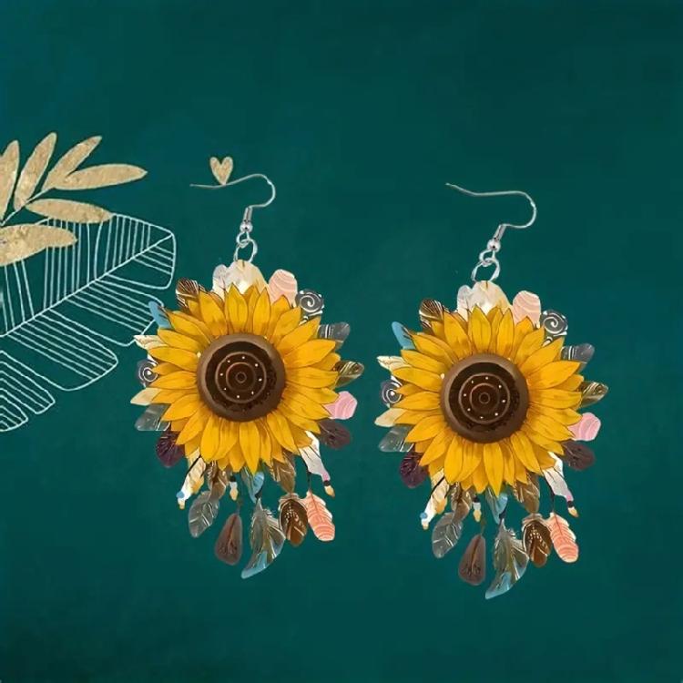 Sunflower Theme Acrylic Jewelry Lightweight Waterproof Earrings For Women Girls Handmade Statement Accessories